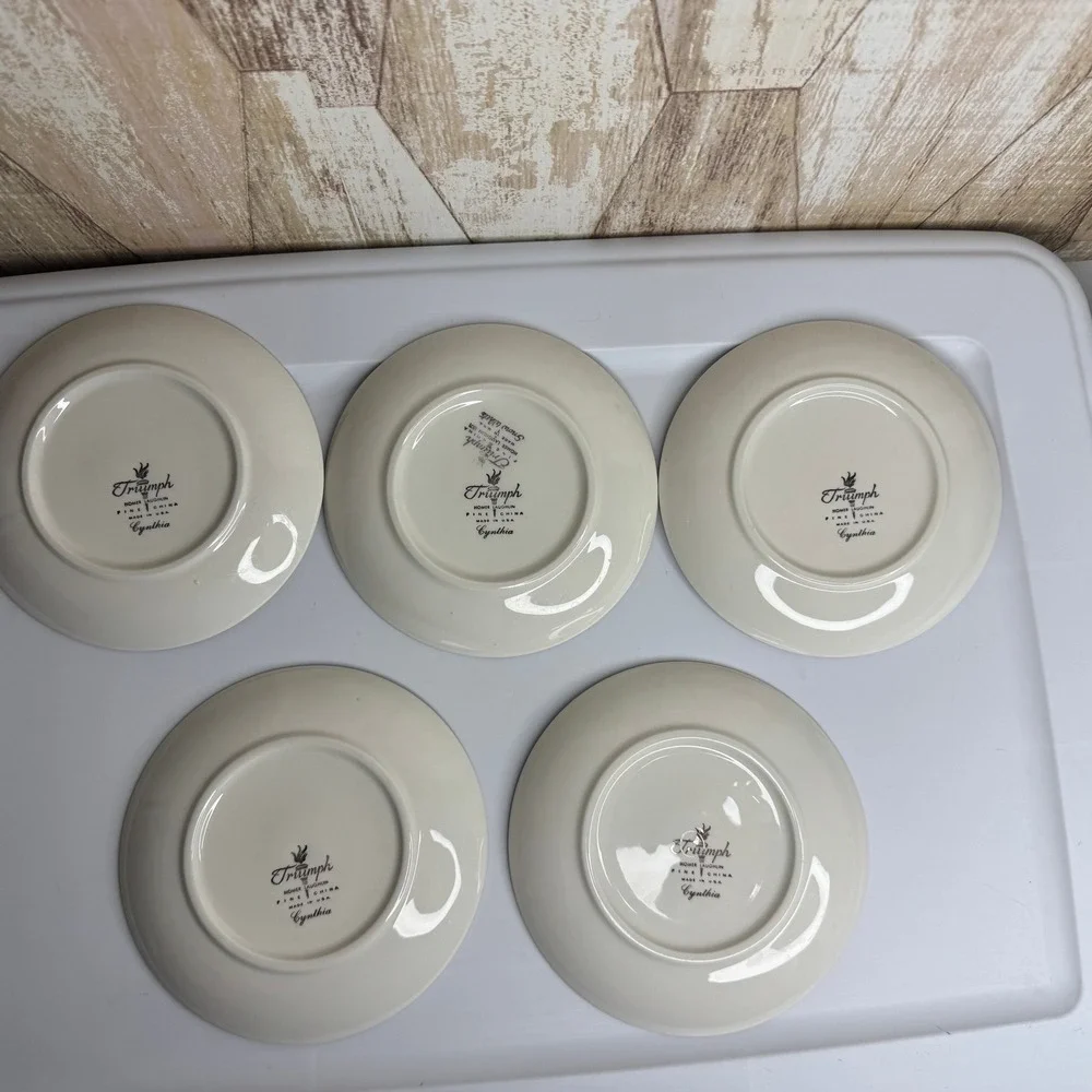 Homer Laughlin Triumph Cynthia Bread Butter Plates Set 5 Blue Floral Silver Trim